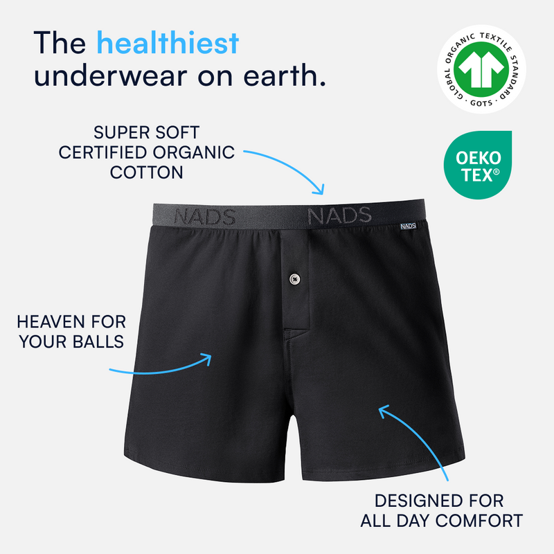Black boxers with text highlighting features such as organic cotton-enclosed waistband elastic, super soft certified organic cotton and heaven for your balls. Oeko-Tex certification on a white background