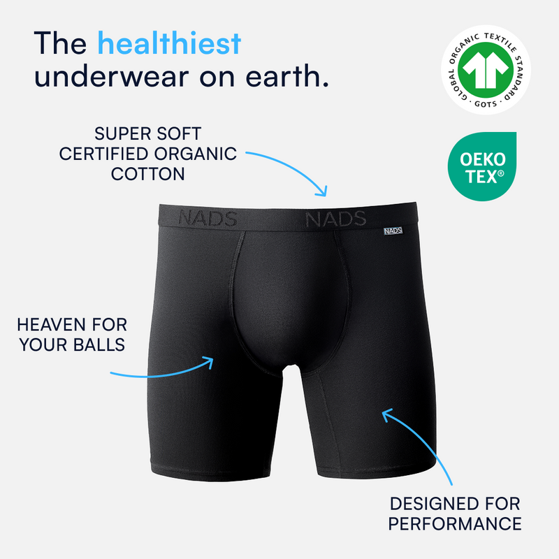 Black NADS boxer briefs with overlay text highlighting super soft organic cotton, designed for performance, and GOTS and OEKO-TEX certified.