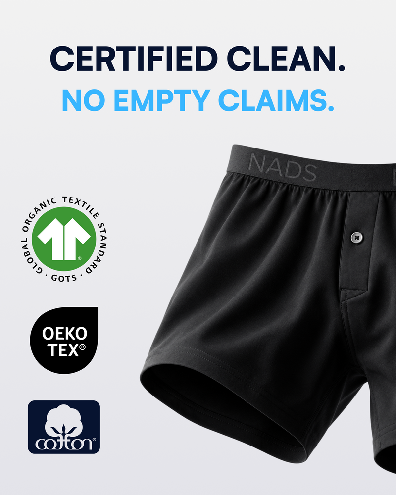 Black NADS men's boxer briefs shown on a light gray background with promotional text reading 'CERTIFIED CLEAN. NO EMPTY CLAIMS.