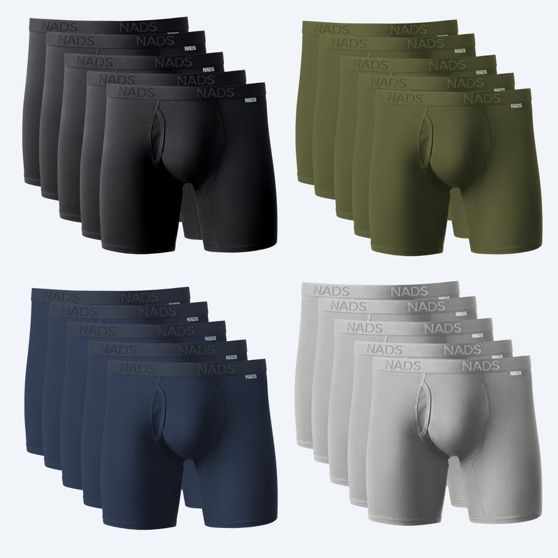 20 Pairs of Organic Cotton Boxer Briefs. 5 each in Black, Green, Blue & Grey.