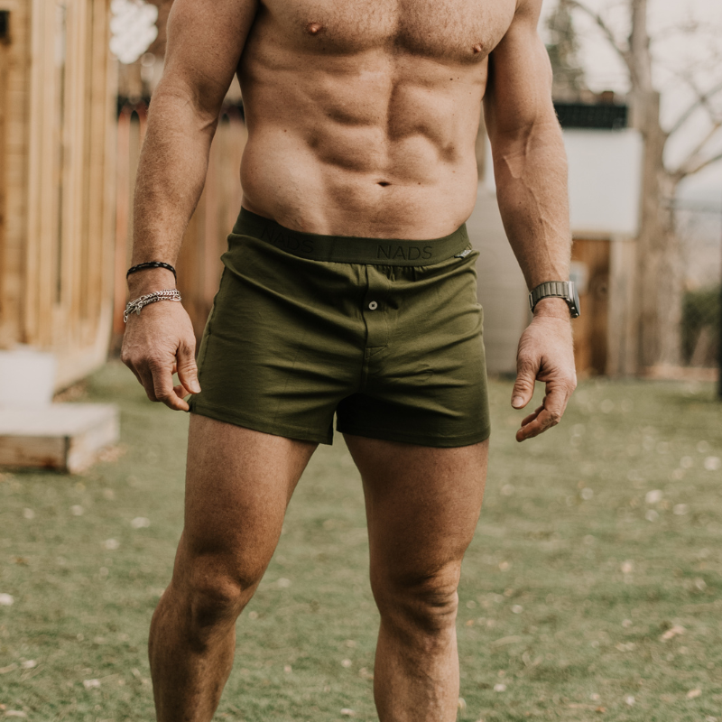 Man standing, facing the camera in a NADS Green Organic Cotton Boxer. 