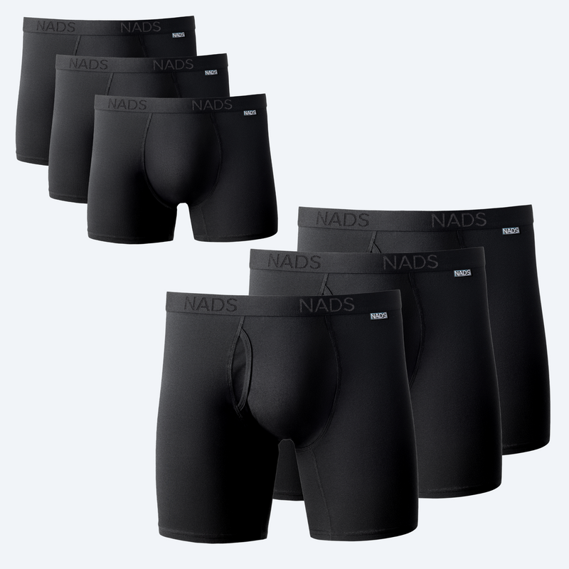 6 Pairs of Nads Underwear. 3 black Organic Compression Boxer Briefs and 3 Black Organic Cotton Boxer Briefs