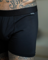 Up close image of a man wearing a Black NADS boxer brief