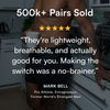 Shirtless man wearing black boxers in a kitchen, holding a coffee mug. Overlay text highlights: ‘500k+ pairs sold, five-star review, lightweight and breathable underwear — testimonial by Mark Bell, pro athlete.’