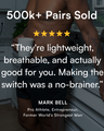 Shirtless man wearing black boxers in a kitchen, holding a coffee mug. Overlay text highlights: ‘500k+ pairs sold, five-star review, lightweight and breathable underwear — testimonial by Mark Bell, pro athlete.’