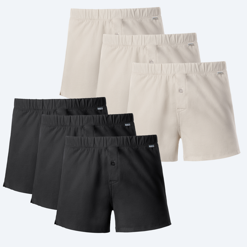 6 Pairs of Organic Cotton BALL-NATURAL™ Boxers. 3 Pairs in Natural & 3 Pairs in Black
