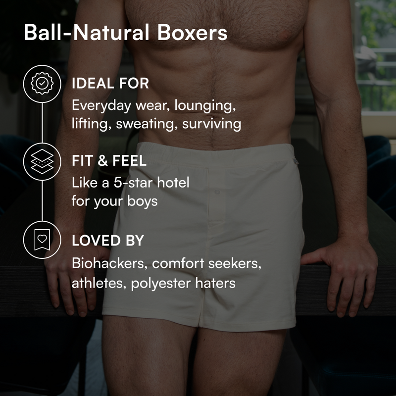 Man wearing natural-colored boxers with overlay text describing ‘Ball-Natural Boxers’ as ideal for everyday wear, breathable comfort, and loved by athletes and comfort seekers.