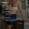 Person wearing boxers with text describing its uses and features. Text talks about how the boxers are ideal for everyday wear, lounging, lifting, sweating, surviving. The fit & feel is like a 5-star hotel for your boys and loved by biohackers, comfort seekers, athletes, polyester haters. 