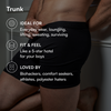 Man wearing black NADS trunk underwear with overlay text highlighting everyday comfort, premium fit, and appeal to athletes and comfort seekers.