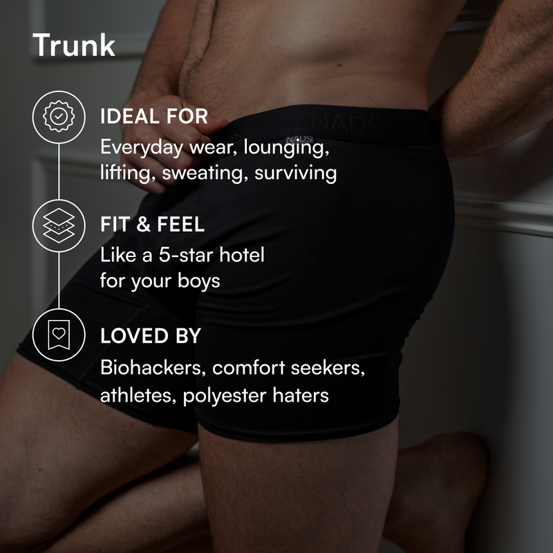 Man wearing black NADS trunk underwear with overlay text highlighting everyday comfort, premium fit, and appeal to athletes and comfort seekers.