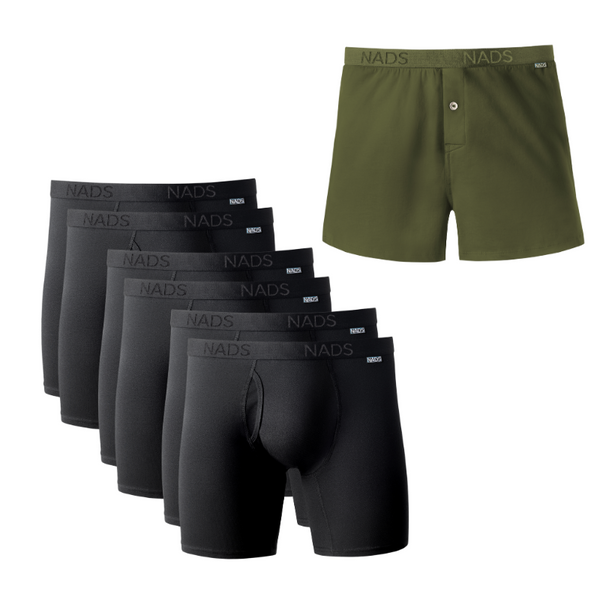 Set of black boxer briefs and a green boxers with 'NADS' branding.