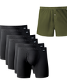 Set of black boxer briefs and a green boxers with 'NADS' branding.
