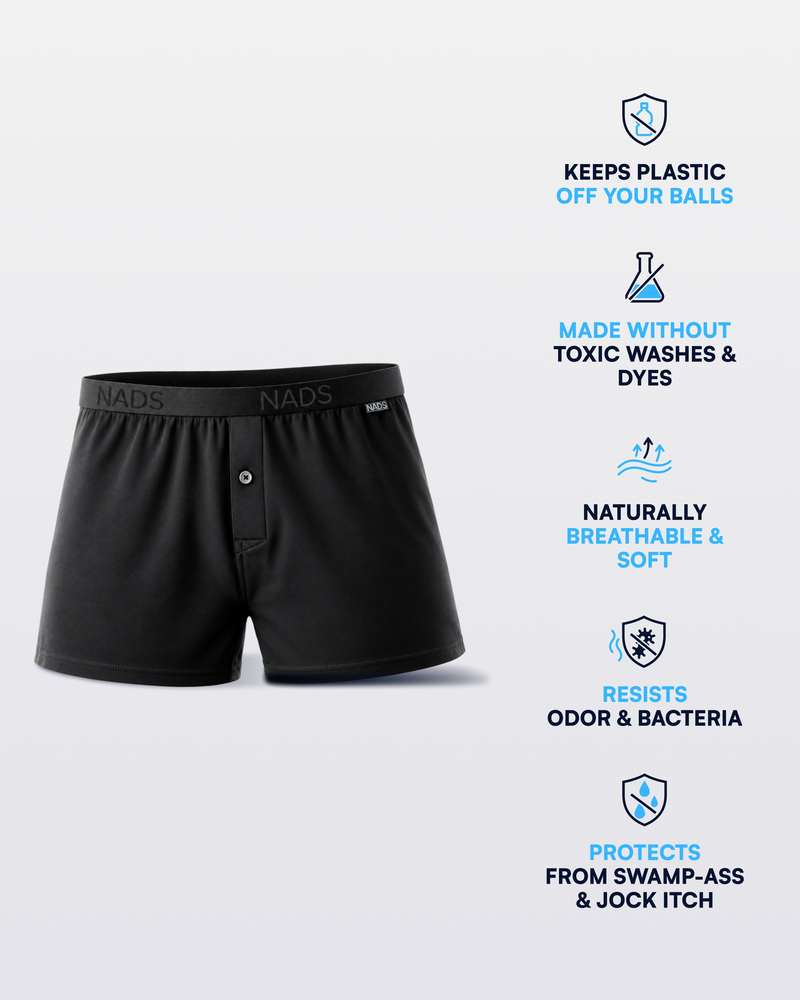 Black NADS men's boxer briefs shown on a light gray background with feature callouts on the right side.