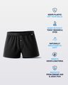 Black NADS men's boxer briefs shown on a light gray background with feature callouts on the right side.