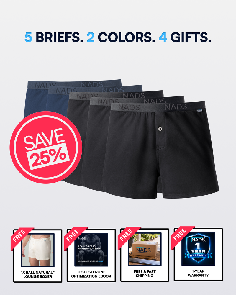 Five pairs of NADS men's boxer briefs in dark and medium gray tones are displayed on a light gray background with promotional text '5 BRIEFS. 2 COLORS.