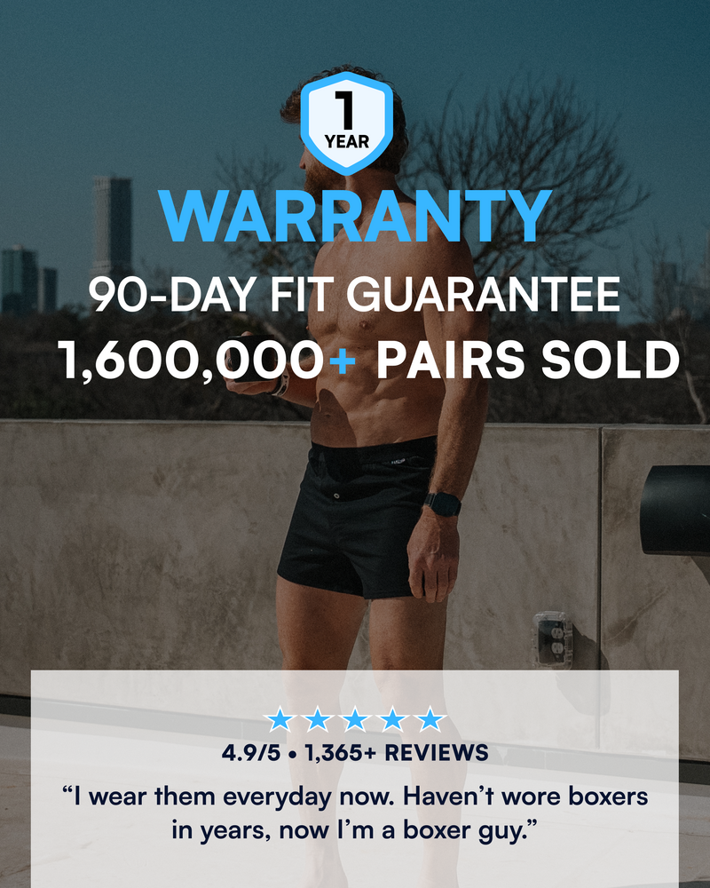 Promotional graphic for a fitness product showing a shirtless man wearing black boxer briefs outdoors, with large text reading 'WARRANTY 90-DAY FIT GUARANTEE 1,600,000+ PAIRS SOLD' and a review quote at the bottom.