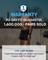 Promotional graphic for a fitness product showing a shirtless man wearing black boxer briefs outdoors, with large text reading 'WARRANTY 90-DAY FIT GUARANTEE 1,600,000+ PAIRS SOLD' and a review quote at the bottom.