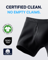 Black NADS certified clean men's boxer briefs shown on a light gray background with promotional text and certification logos including GOTS, OEKO-TEX, and cotton.