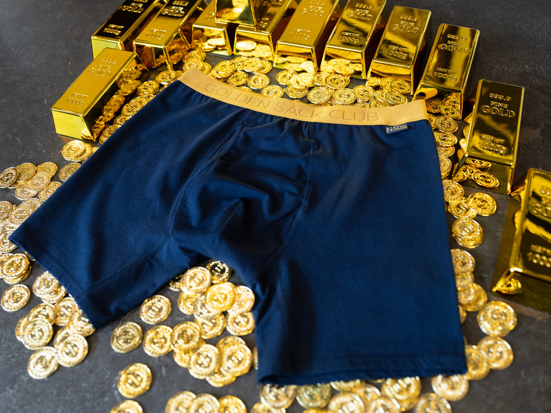 Golden Sack Club Organic Cotton Boxer Brief with gold bars and coins