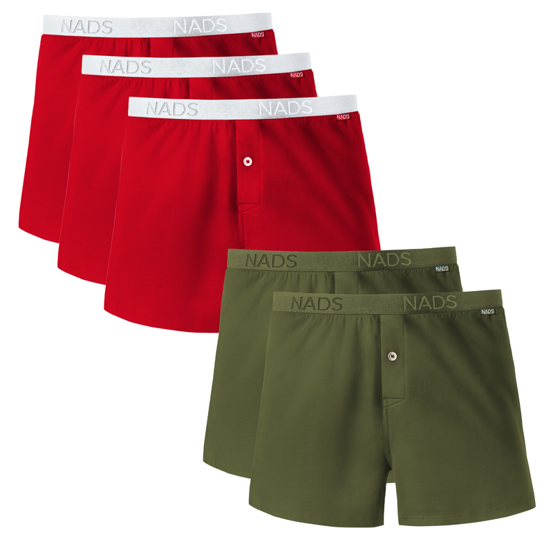 3 holiday red boxers and 2 green boxers